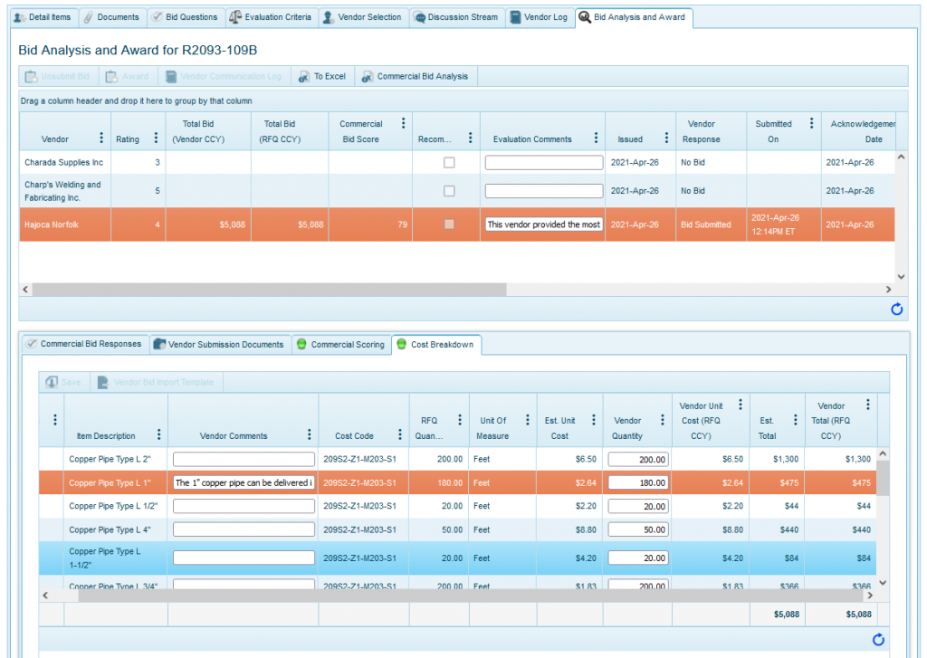 Evaluation and Award (RFQ and Bid Management)
